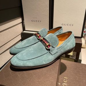 Gucci Horsebit Suede Loafer with Web Stripe Verdant $595